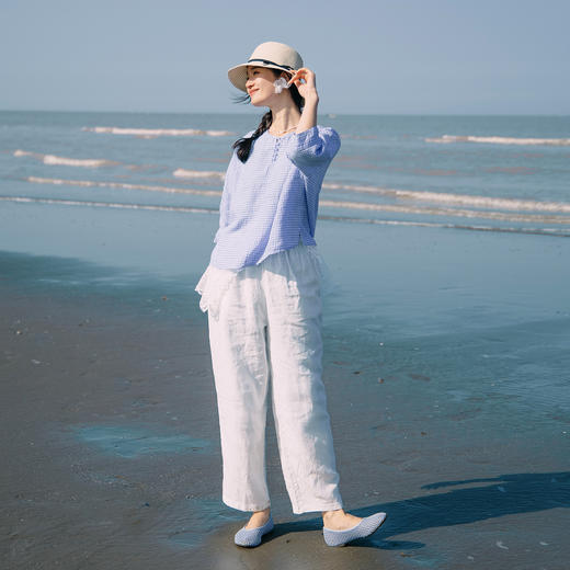 绽放253朵/【入蓝系列】亚麻结构感不对称中袖T恤圆领短袖女夏季 商品图2