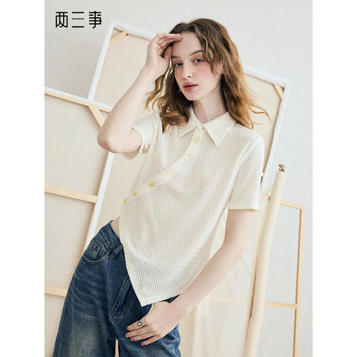 两三事雨纹手札2025夏季新款时尚斜边单排扣不对称下摆针织开衫女 商品图0