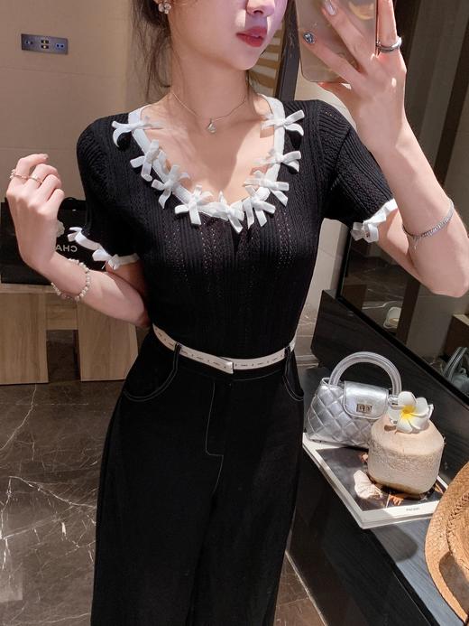 张心子【浪漫主义】V领显瘦弹力气质蝴蝶结针织衫上衣 U2505031 商品图4