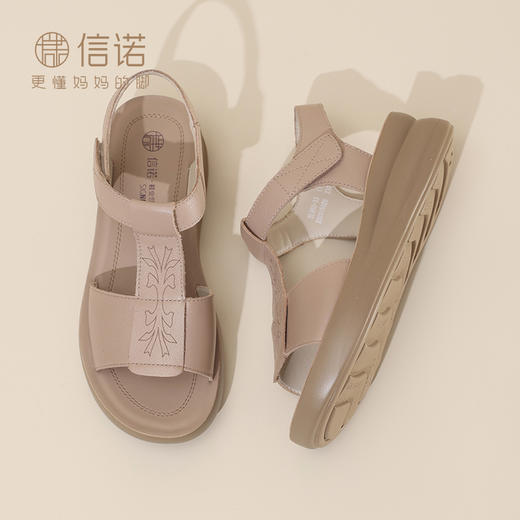 信诺妈妈凉鞋2025新款夏季舒适透气中老年真皮软底女鞋厚底沙滩鞋5L950-33 商品图1