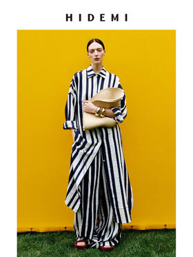 HIDEMI 度假系列慵懒蓝白条纹多重水洗条纹长款衬衫裙阔腿裤套装