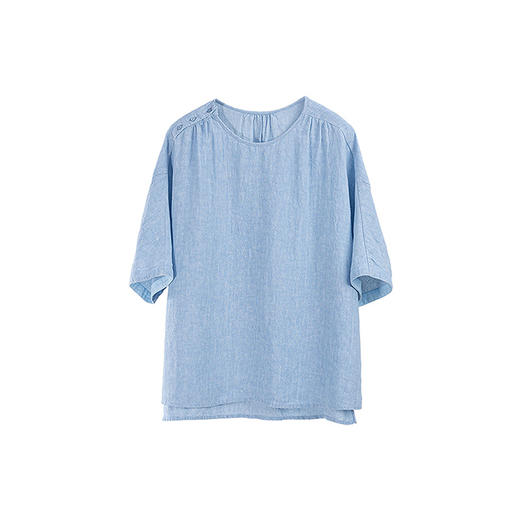 绽放192朵/【入蓝系列】石墨洗肌理感纯亚麻碎褶中袖T恤短袖女夏 商品图4