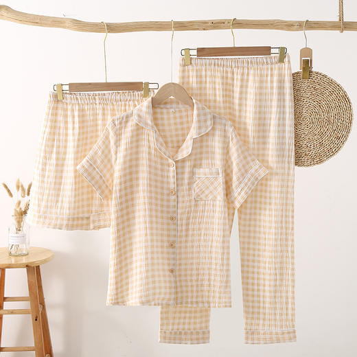 雀说夏款日系简约格子纯棉双层纱布女士三件套睡衣薄款短袖家居服套装AL 商品图6