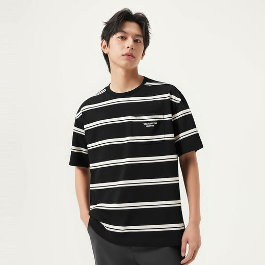 gxg.jeans男装 黑色条纹设计复古休闲宽松圆领短袖T恤 25年夏热卖 商品图1