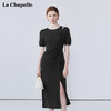 会员福利【通勤时髦小黑裙】拉夏贝尔/La Chapelle气质高级感收腰短袖开叉长款连衣裙 商品缩略图0