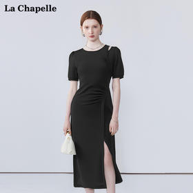 会员福利【通勤时髦小黑裙】拉夏贝尔/La Chapelle气质高级感收腰短袖开叉长款连衣裙
