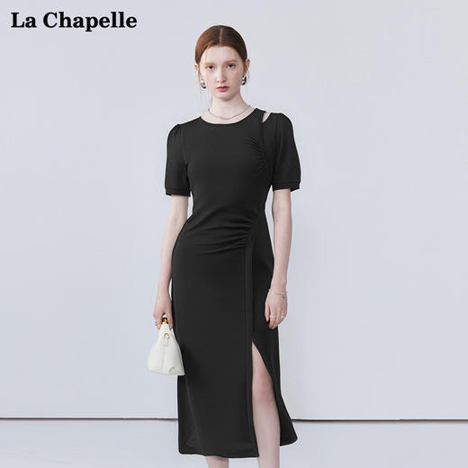 会员福利【通勤时髦小黑裙】拉夏贝尔/La Chapelle气质高级感收腰短袖开叉长款连衣裙 商品图0