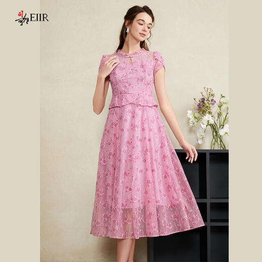 司歌蕾丝假两件收腰连衣裙短袖复古A911245X 商品图0