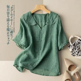 雀说夏季薄款棉麻文艺复古宽松显瘦娃娃领上衣T恤女AL6037