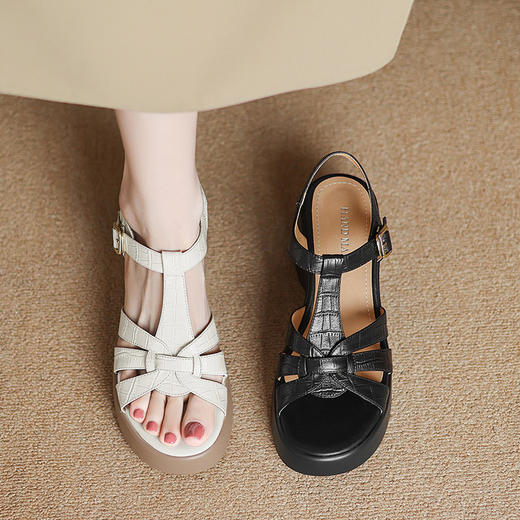 【预售5天】夏季时尚复古罗马圆头防水台坡跟厚底8cm高跟鞋真皮凉鞋DPJ&3062 商品图4