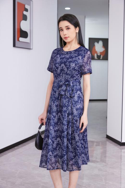 圆领短袖碎花收腰雪纺连衣裙SZ2S82-帝释青 商品图1