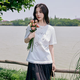【严选】诗凡黎刺绣字母图案凉感T恤2025夏新款蕾丝拼接宽松百搭短袖上衣7G5301431