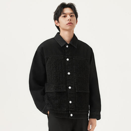 gxg.jeans男装 黑色夹棉复古口袋老花牛仔夹克外套男 25春热卖 商品图1
