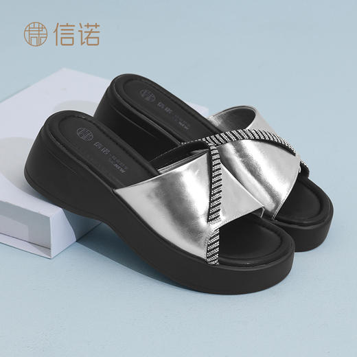 信诺妈妈拖鞋女2025新款夏季外穿凉鞋厚底增高时尚百搭真皮一字拖X5L137-105 商品图0