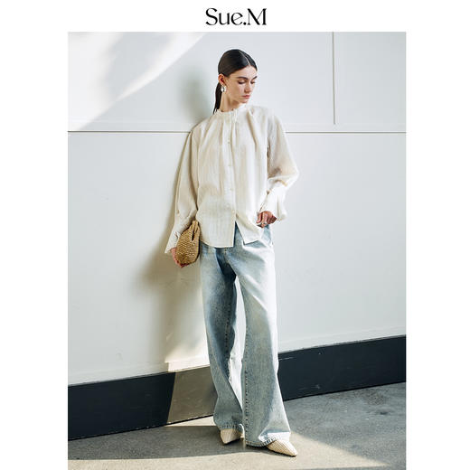 Sue.M 法式条纹立领荷叶边宽松长袖女士木耳边衬衣 商品图1