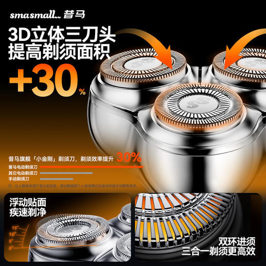昔马（SMASMALL）电动剃须刀小金刚三头男士刮胡刀悬浮刀头全身水洗便携送老公男友情人节礼物 送礼佳品 商品图3