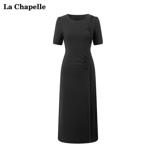 会员福利【通勤时髦小黑裙】拉夏贝尔/La Chapelle气质高级感收腰短袖开叉长款连衣裙 商品图1