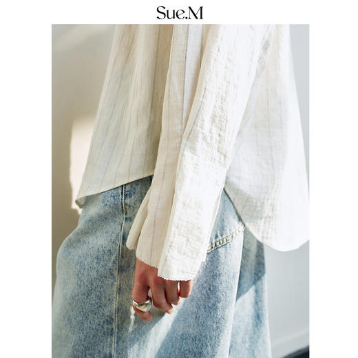 Sue.M 法式条纹立领荷叶边宽松长袖女士木耳边衬衣 商品图4
