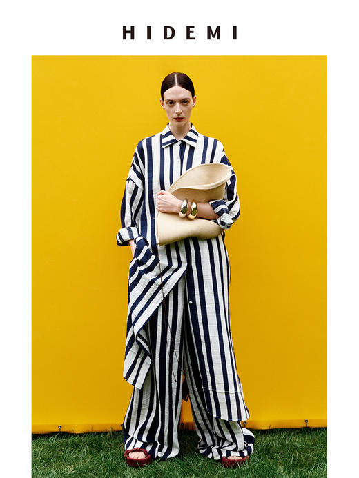 HIDEMI 度假系列慵懒蓝白条纹多重水洗条纹长款衬衫裙阔腿裤套装 商品图8