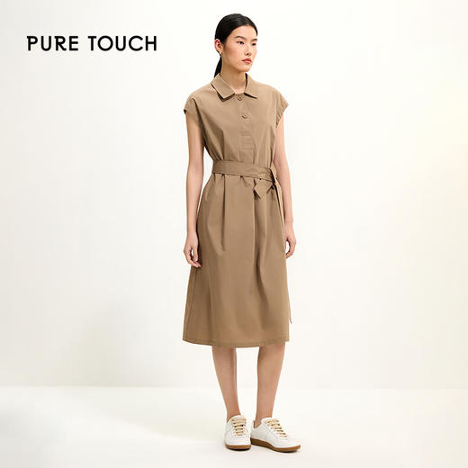 PURE TOUCH卡其色无袖翻领系带衬衫式连衣裙 1349242106 商品图2