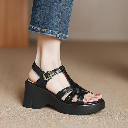 【预售5天】夏季时尚复古罗马圆头防水台坡跟厚底8cm高跟鞋真皮凉鞋DPJ&3062 商品图3