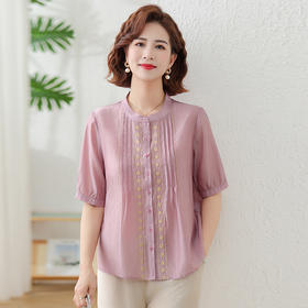 CH25039中年妈妈夏装棉麻套装2025新款中老年宽松短袖气质绣上衣