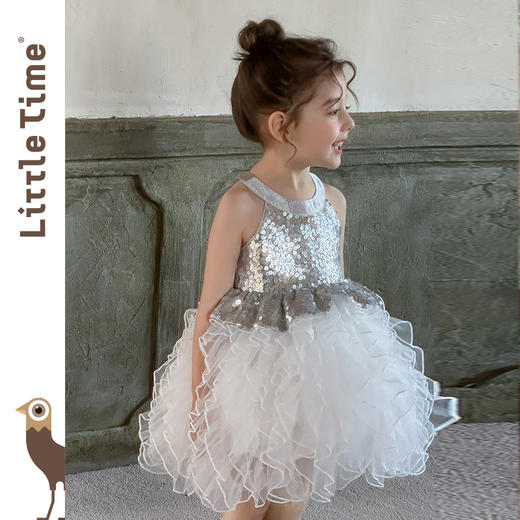 littletime女童连衣裙2025夏新款儿童洋气时尚亮片花朵公主裙 商品图1