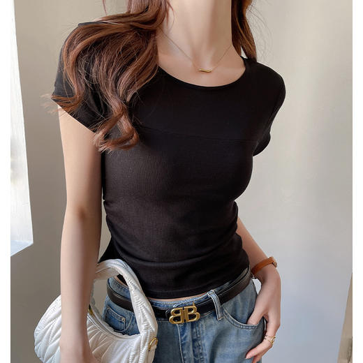 ✨莱赛尔天丝韩系女装【小圆领正肩t恤】女短袖高级拼接收腰设计感上衣 商品图1