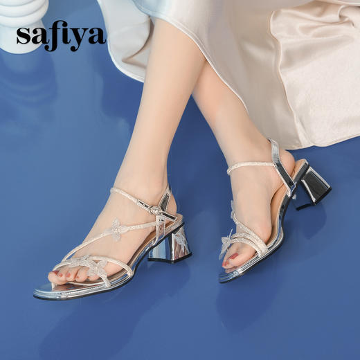 Safiya/索菲娅2025时尚闪钻一字带方头粗跟露趾气质通勤凉鞋 SFD2115418 商品图4
