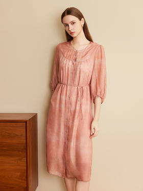 【圆领真丝衬衫裙】25年夏季新品女士100%桑蚕丝时尚七分袖系带收腰裙子