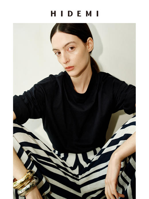 HIDEMI 度假系列甄选超柔婴儿棉极简都会感长袖圆领T恤 白色/海军蓝 商品图6