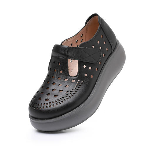 雀说新款真皮女洞洞鞋坡跟软底大码头层牛皮冲孔复古风软底凉鞋AL283 商品图6