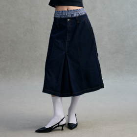 GOODBAI 23编号logo印花口袋高腰打褶A版半身裙