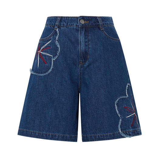 两三事 拾花耳语 2025夏季新款复古毛边花朵绣花高腰牛仔裤女 商品图4