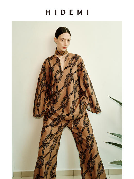 HIDEMI度假系列甄选进口多重水洗原创手绘绳铆七分袖印花衬衫阔腿裤套装 系带衬衫/阔腿裤 商品图6