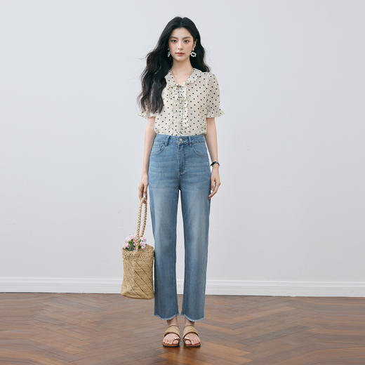 【严选】诗凡黎宝宝柔薄款轻弹锥形牛仔裤2025夏新款亲肤舒适显瘦直筒长裤7G4350731 商品图1