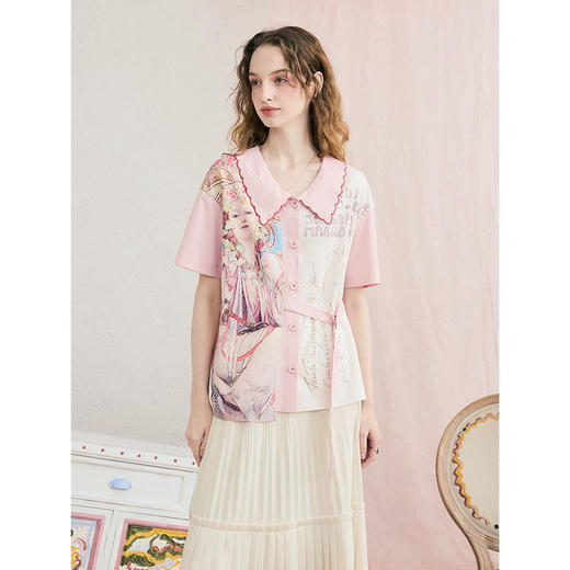 两三事优雅起义2025夏季新款小清新印花布拼接绑带绣花翻领衬衫女 商品图1