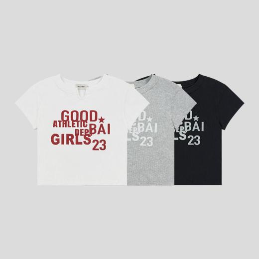 GOODBAI 23 GIRLS athletic撞色印花小V领紧身短款飞袖T恤 商品图1