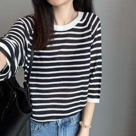 柜上1700！禾家新款天丝亚麻圆领宽松夹条纹短袖套衫夏女款！
