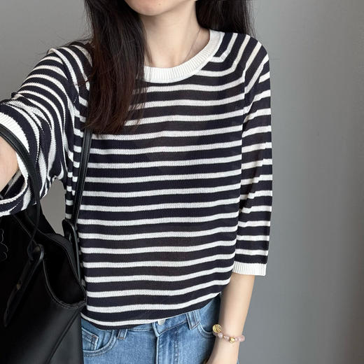 柜上1700！禾家新款天丝亚麻圆领宽松夹条纹短袖套衫夏女款！ 商品图0