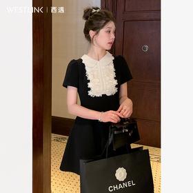 西遇黑色花领无袖连衣裙女新款a字法式收腰短袖裙子SS150081