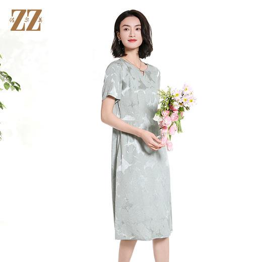 佐尔美夏季新款新中式气质桑蚕丝短袖连衣裙女M42LS96 商品图3