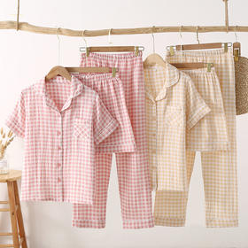 雀说夏款日系简约格子纯棉双层纱布女士三件套睡衣薄款短袖家居服套装AL