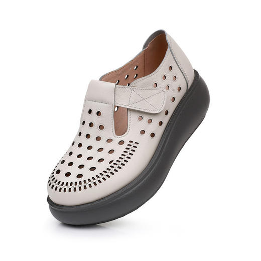 雀说新款真皮女洞洞鞋坡跟软底大码头层牛皮冲孔复古风软底凉鞋AL283 商品图7