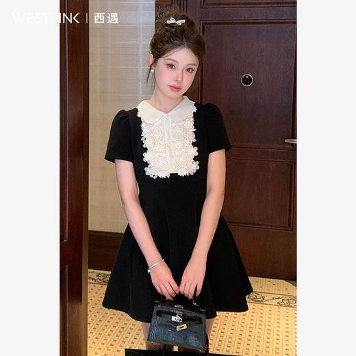 西遇黑色花领无袖连衣裙女新款a字法式收腰短袖裙子SS150081 商品图4