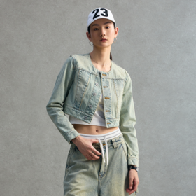 GOODBAI 圆领纽扣正肩套色牛仔外套