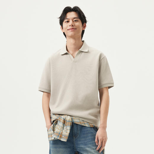 gxg.jeans男装 简约格纹肌理无扣领口短袖POLO衫男 25年夏季热卖 商品图1
