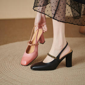 【预售5天】法式气质包头凉鞋女春夏新款真皮玛丽珍鞋粗跟链条粉色高跟鞋QS&6092
