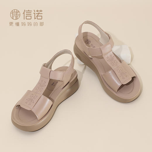 信诺妈妈凉鞋2025新款夏季舒适透气中老年真皮软底女鞋厚底沙滩鞋5L950-33 商品图2