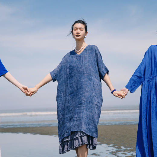 绽放251朵/【入蓝系列】高支天丝亚麻纹理印花v领中袖连衣裙女夏 商品图2